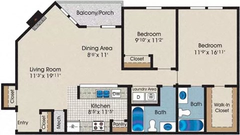 Floor plan for 2 beds, 2 baths, 930 sqft
